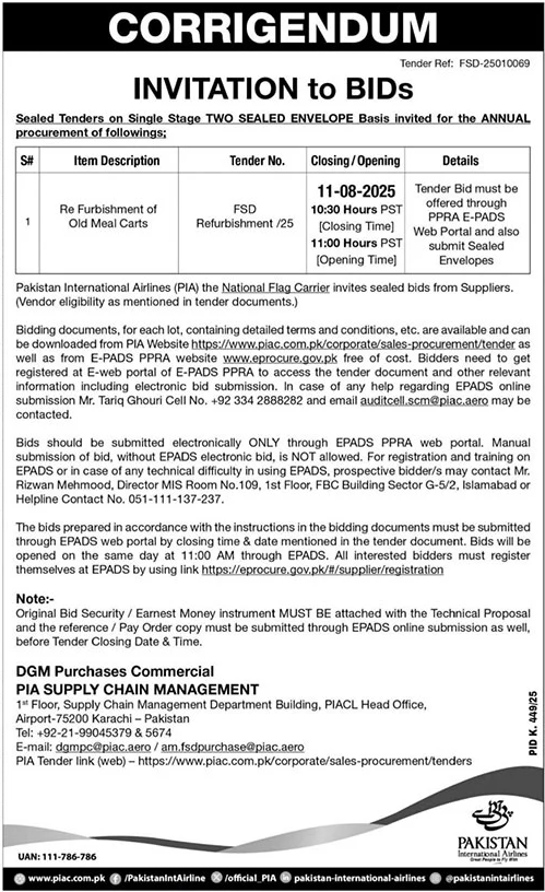 Pakistan International Airlines Tender Notice